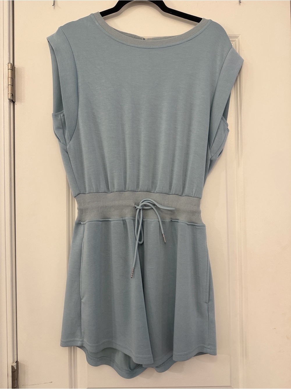 Sleeveless Light Blue Drawstring Waist Romper